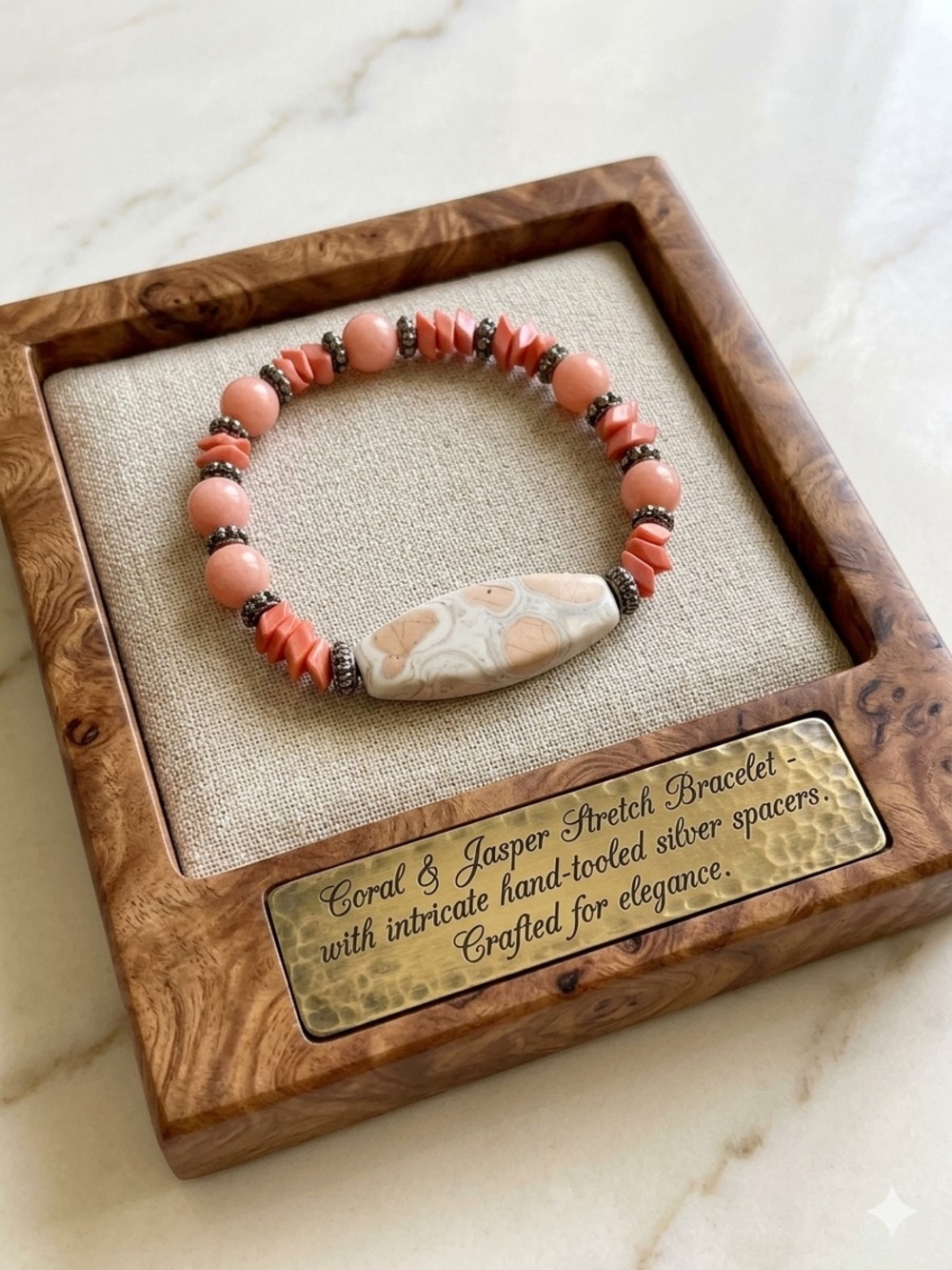 Hand Made With Genuine Coral & Jasper Stretch Bracelet - Pink Coral Beads